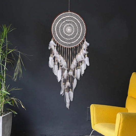 Large Dream Catcher With 3 Circles And White Lace Feathers To Hang